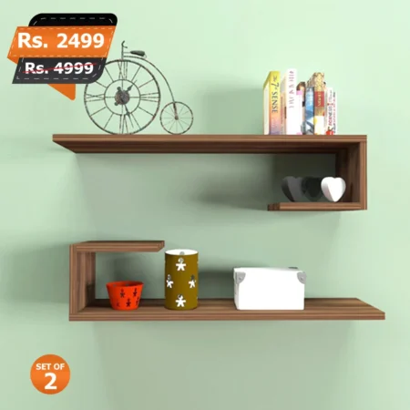 J shape pair brown wall mounted floating shelves for home decoration for storage books