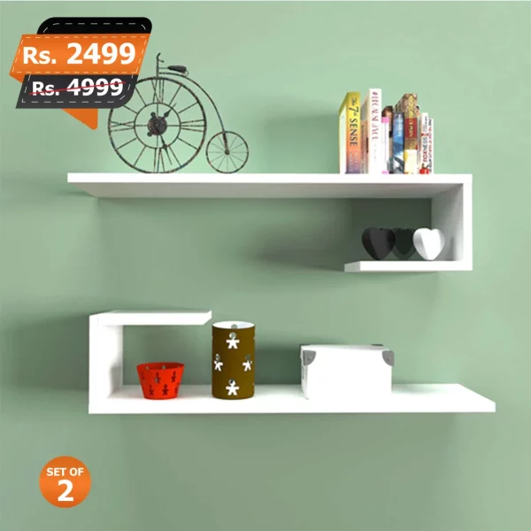 J shape white set of 3 wall mounted shelves for home decoration and for books