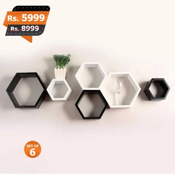 Mona Hexagon Set of 6 black and white wall mounted wooden shelves for home decoration