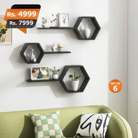 Trio hexagon wooden box set with wooden shelves black wall mounted for home decoration best and premium quality