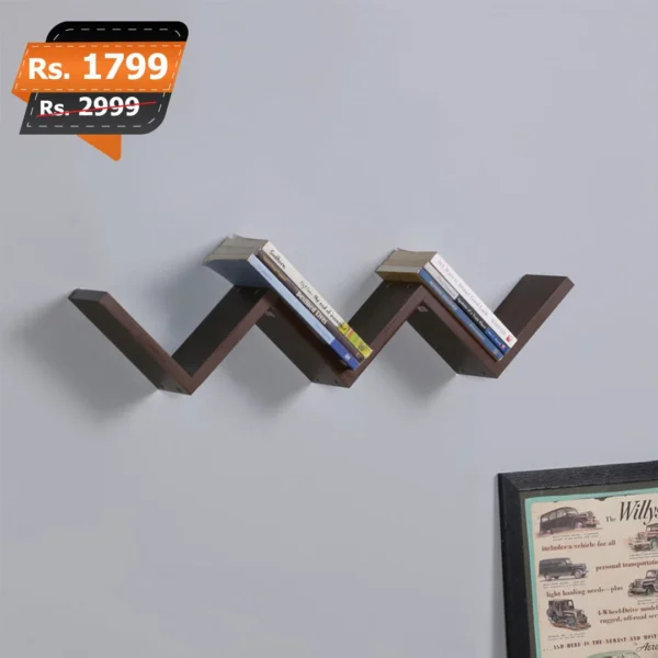 Zig Zag wall mounted book rack for home decoration wooden book rack